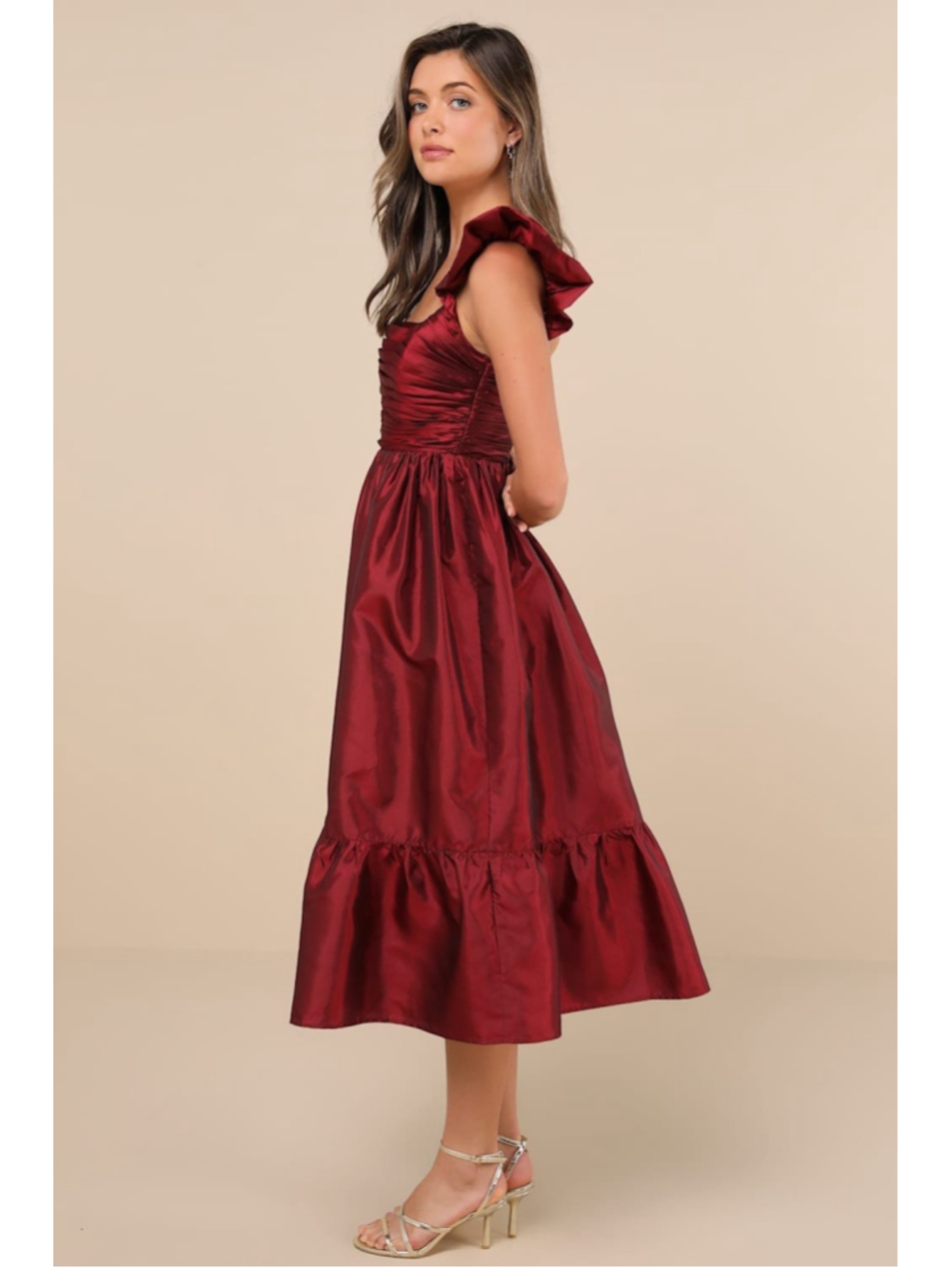 NWT Lulus Poised Passion Wine Red Taffeta Pleated Ruffled Midi Dress Size S - Picture 3 of 9